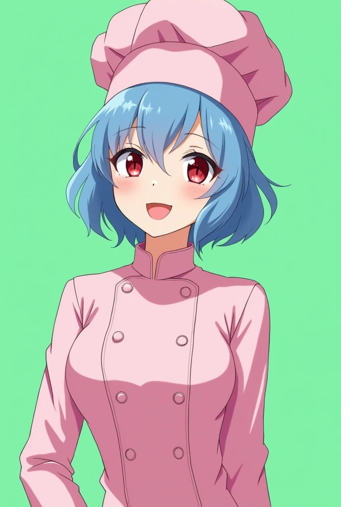 Female chef between 18 and 1, with a pink long-sleeved uniform and a chef's hat of the same color, 2D anime style with pastel colors, short blue hair, Red eyes ,with a happy and sensual expression, on a completely green and flat background