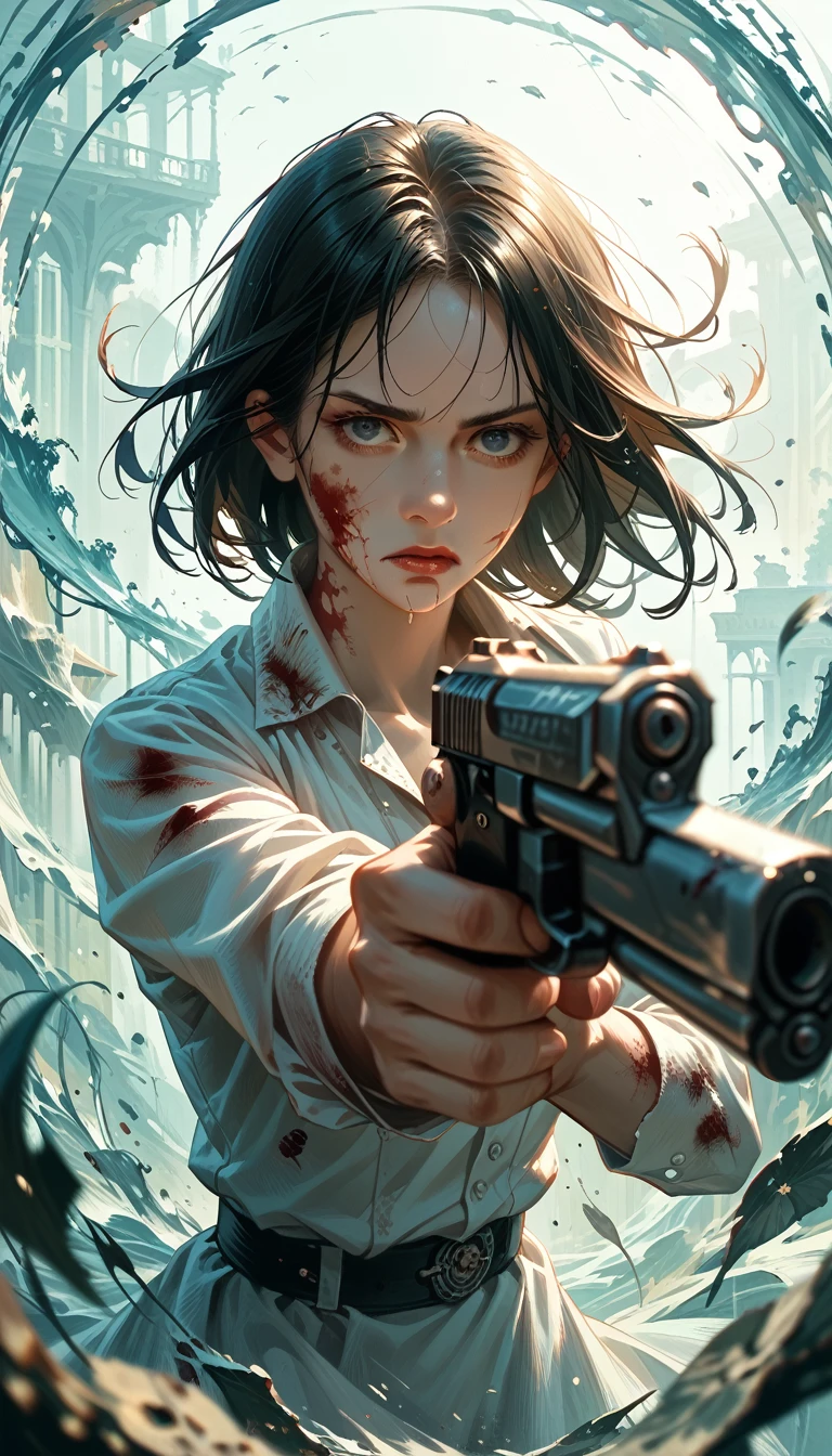 masterpiece, Highest quality, The best vantage point, Super detailed and intricate, Very delicate and beautiful, Highest quality light, (Ray Tracing:1.1),dead pool、Handguns in both hands、Bloody、During fierce fighting、Knock down the enemy