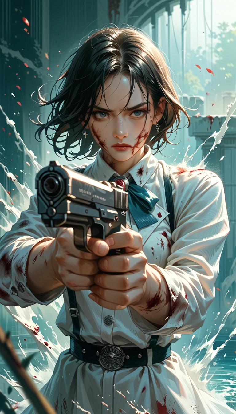 masterpiece, Highest quality, The best vantage point, Super detailed and intricate, Very delicate and beautiful, Highest quality light, (Ray Tracing:1.1),dead pool、Handguns in both hands、Bloody、During fierce fighting、Knock down the enemy