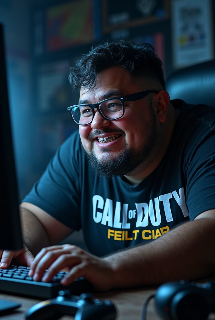 Create an image of a fat, nerdy, dark-skinned man with braces playing video games with a t-shirt that has the Call of Duty logo on it.