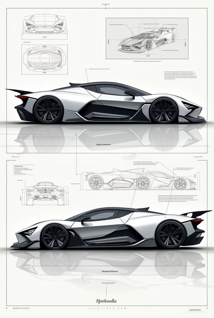Create a hypercar blueprint showing the front and back of the car