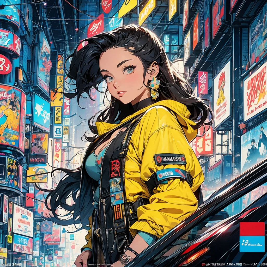 (masterpiece, highest quality), 32K,(highly detailed beautiful woman), poster,SF,1960s,1970s,bauhaus, shape, abstract,movie poster, vintage,retro,futuristic anime,ultimate map,highlight,highly detailed glowing eyes,cleavage,complicated pattern,Stylish hairstyle,fluorescence((yellow clothes)),Starry Sky,Cyberpunk street fashion,