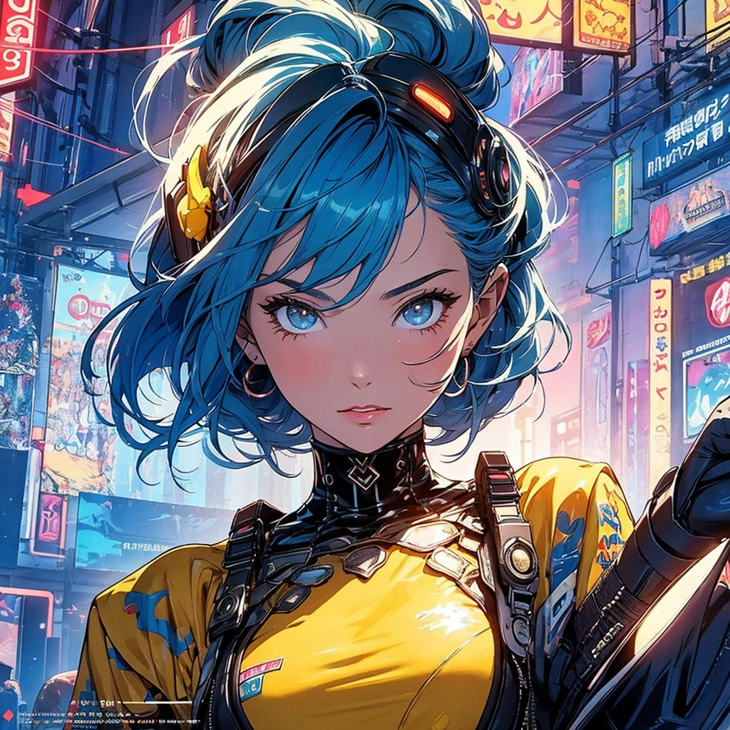 (masterpiece, highest quality), 32K,(highly detailed beautiful woman), poster,SF,1960s,1970s,bauhaus, shape, abstract,movie poster, vintage,retro,futuristic anime,ultimate map,highlight,highly detailed glowing eyes,cleavage,complicated pattern,Stylish hairstyle,fluorescence((yellow clothes)),Starry Sky,Cyberpunk street fashion,