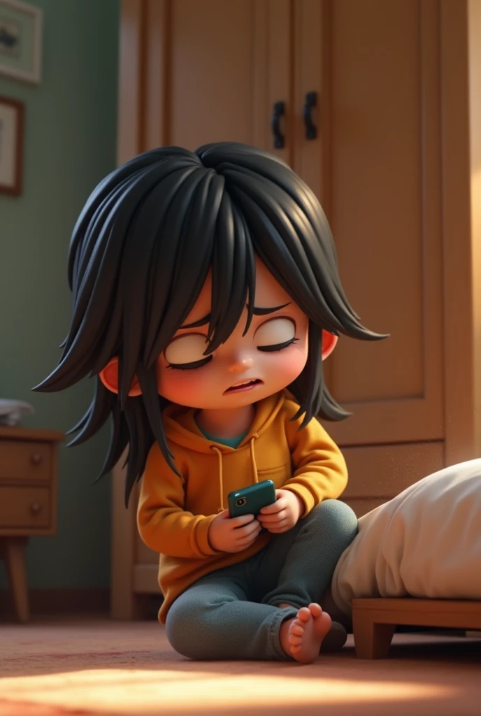 Make a picture of a boy with long hair covering his eyes who hits his knee on the edge of the wardrobe while trying to send voice messages on WhatsApp 