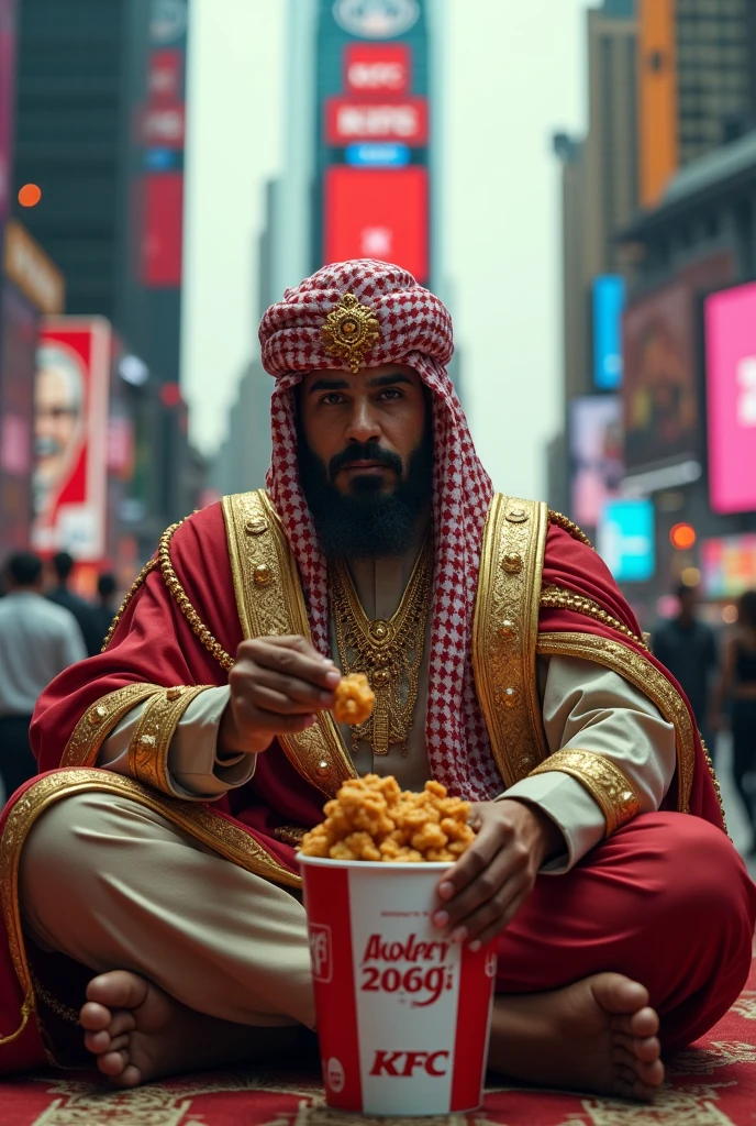 An emir eating kentucky buckets chick in the background of time square
