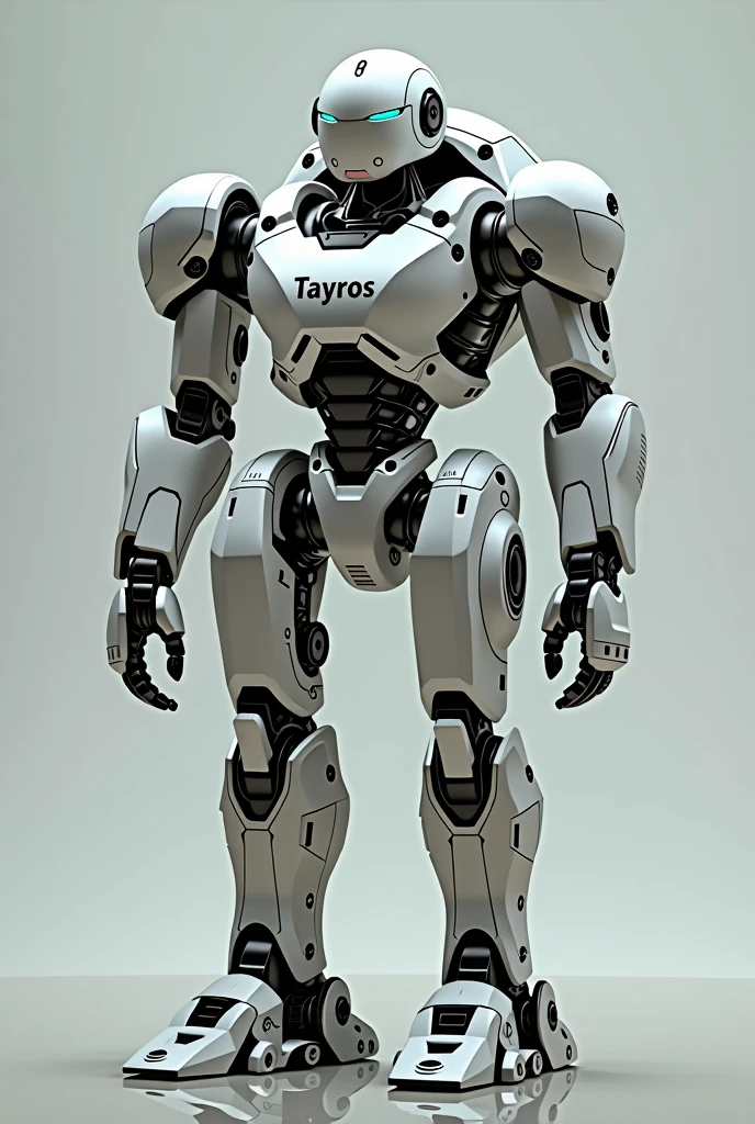 A robot with the word Tayros written on his chest., Full body photo , As real as in real life
