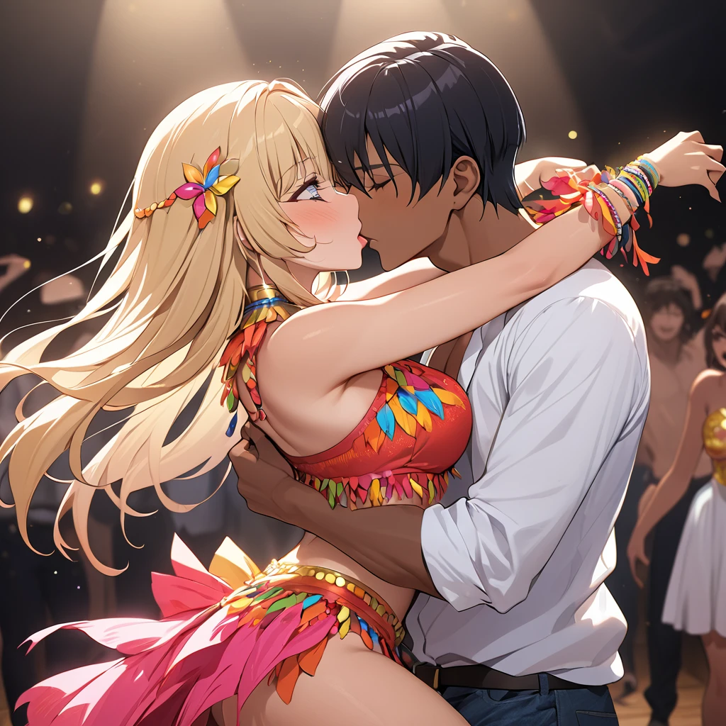 ((Highest quality)), ((masterpiece)), (detailed), (Perfect Face)、The woman is Reika Aoki, a Latin American with dark skin and medium-long blonde hair.、A woman is wearing a Lambada costume and dancing the Lambada in South America, kissing a man