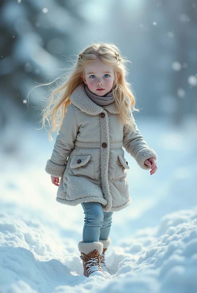 blonde girl blue eyes walking through the snow