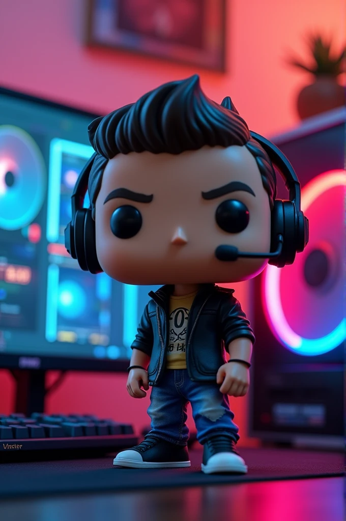 Funko pop of a gamer doll with gamer accessories and a gamer computer