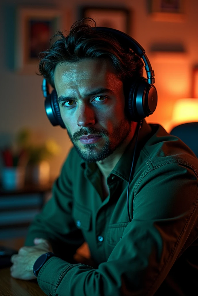 A man in a dimly lit room, wearing a military green button-up shirt, headphones on, looking at the camera, highly detailed room interior, realistic, photorealistic, photo-realistic:1.37, best quality,4k,8k,highres,masterpiece:1.2,ultra-detailed, studio lighting, vivid colors, dramatic lighting, cinematic atmosphere, portrait, hyper detailed, intricate details