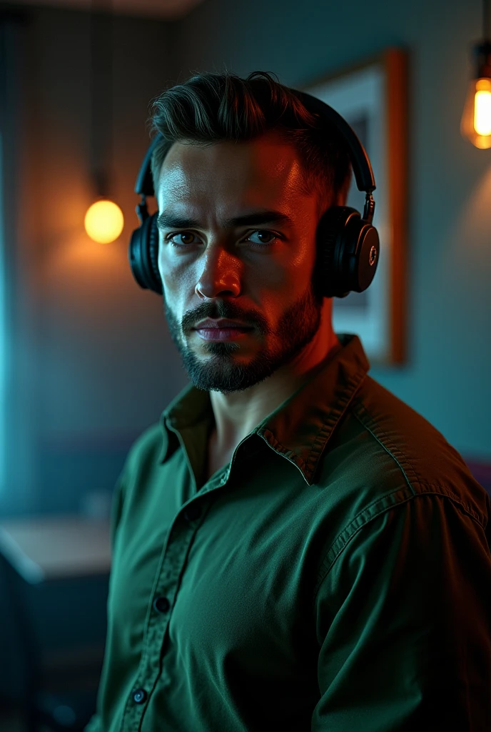 A man in a dimly lit room, wearing a military green button-up shirt, headphones on, looking at the camera, highly detailed room interior, realistic, photorealistic, photo-realistic:1.37, best quality,4k,8k,highres,masterpiece:1.2,ultra-detailed, studio lighting, vivid colors, dramatic lighting, cinematic atmosphere, portrait, hyper detailed, intricate details