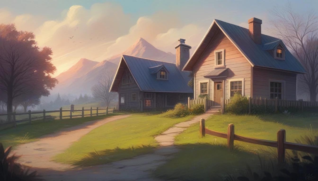morning in the village, frost on the grass, a decrepit fence made of small slats, an old small house with a chimney, a very beautiful sunrise, professional photo, beautiful, realistic, 8k, high detail, high resolution