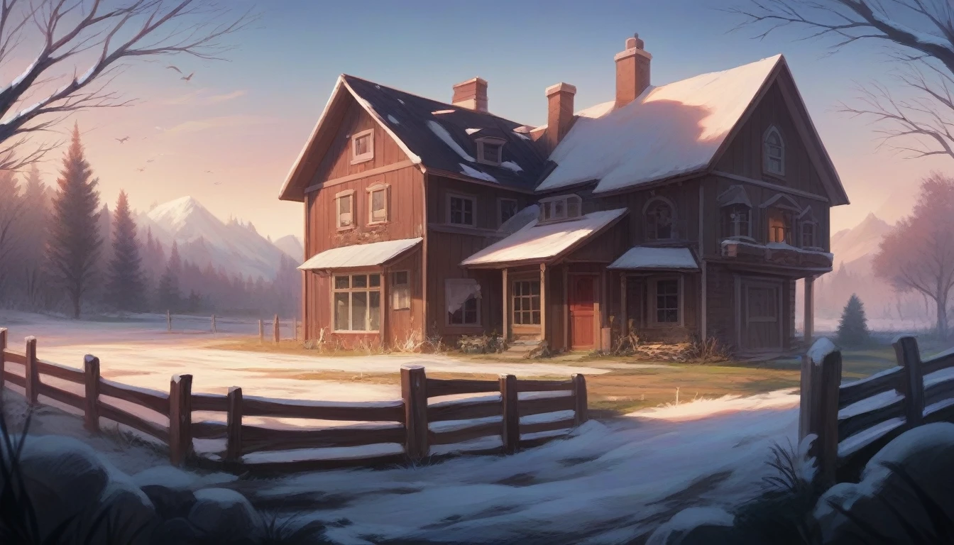morning in the village, frost on the grass, a decrepit fence made of small slats, an old small house with a chimney, a very beautiful sunrise, professional photo, beautiful, realistic, 8k, high detail, high resolution