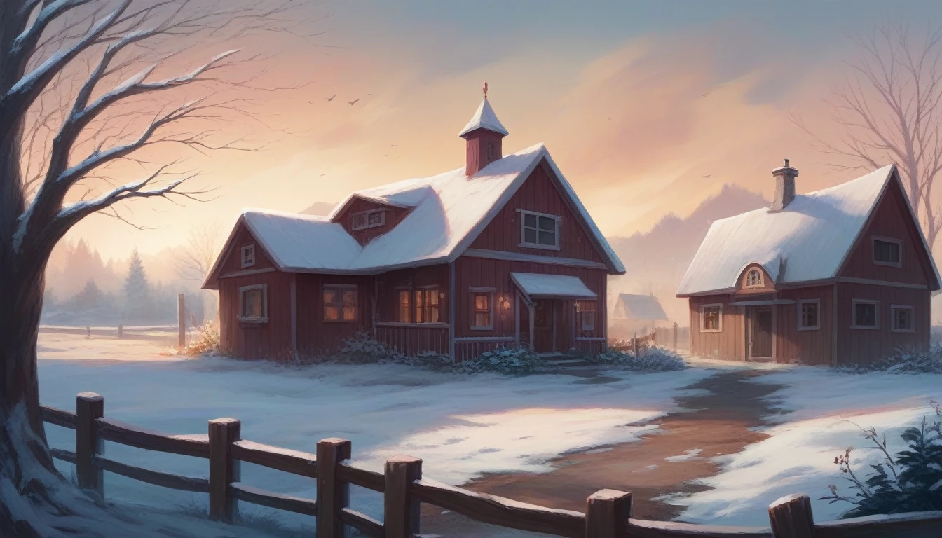 morning in the village, frost on the grass, a decrepit fence made of small slats, an old small house with a chimney, a very beautiful sunrise, professional photo, beautiful, realistic, 8k, high detail, high resolution