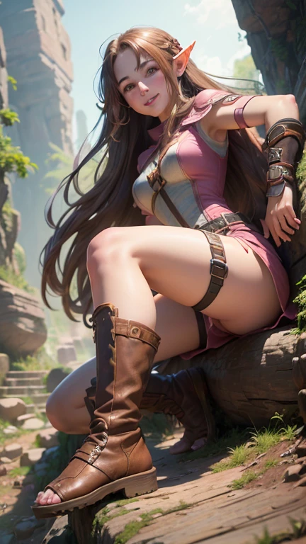 ((best quality))) (((HD))) (((8k))) (character) 20-year-old girl, ((adventurous)) elf, ((beautiful)) and ((happy)), ((brown hair)) and ((long hair)), ((open-toed boots)) and ((pink toenails)), full body, mechanical joints