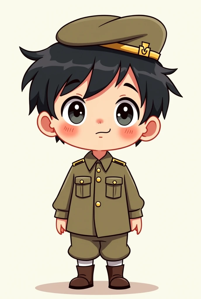 black hair boy, short, army uniform, with beret on head, cute, Cartoon, slanted eyes