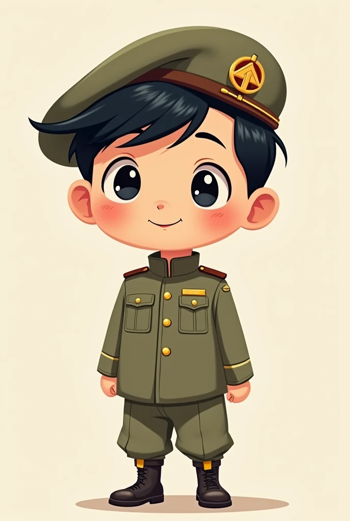 black hair boy, short, army uniform, with beret on head, cute, Cartoon, slanted eyes