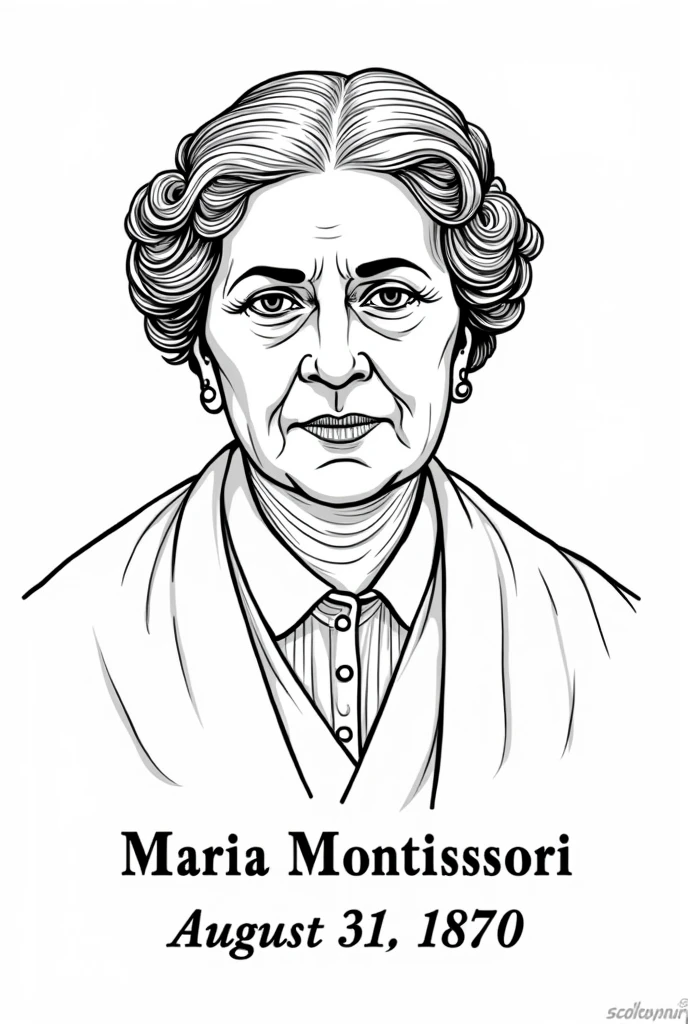 Image of Maria Montessori black and white drawing to color and at the bottom include this phrase in Spanish that says Commemoration of her birth M.M 31 August 1870 