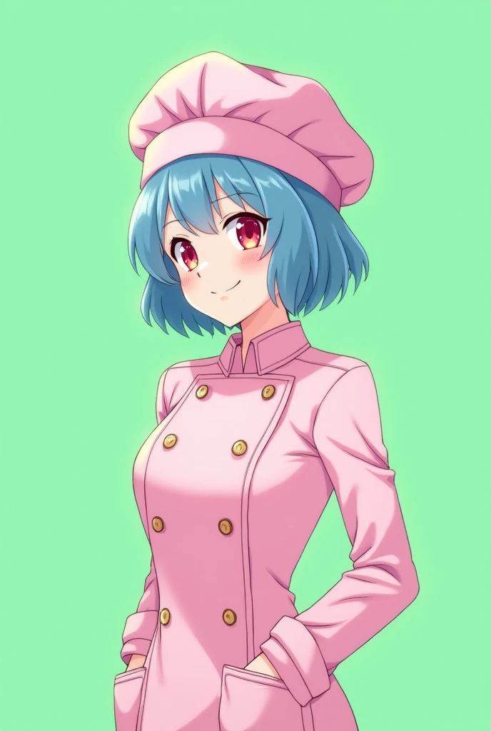 Female chef between 18 and 1, with a pink long-sleeved uniform and a chef&#39;s hat of the same color, 2D anime style with pastel colors, short blue hair, Red eyes ,with a happy and sensual expression, on a completely green and flat background