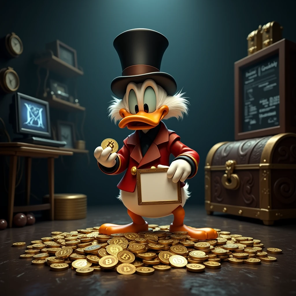 Uncle Scrooge Disney character, several bitcoin coins and he counting many, different scenarios, dark in the background / he holding a blank letter board, many coins piled up on the bottom, treasure chest, modern computers 