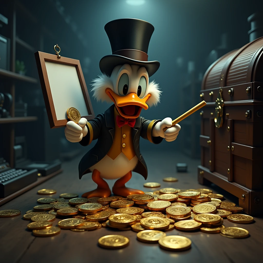 Uncle Scrooge Disney character, several bitcoin coins and he counting many, different scenarios, dark in the background / he holding a blank letter board, many coins piled up on the bottom, treasure chest, modern computers