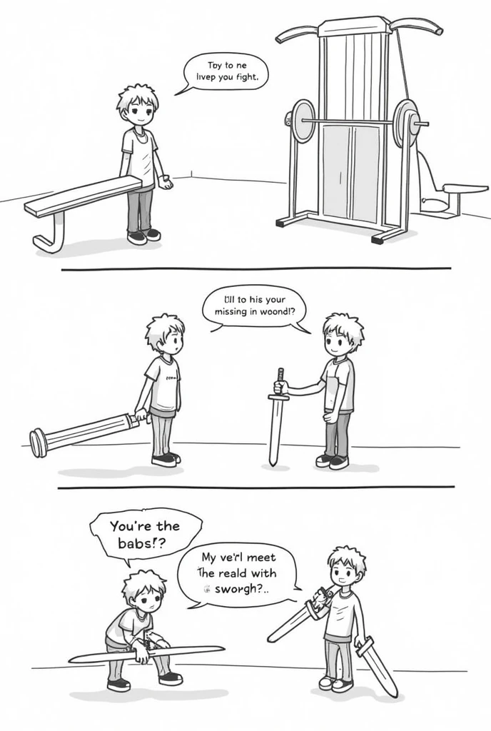 make a comic strip with 3 panels, black and white, with a character training in a gym being asked by the other where his water bottle is, character 1 says she is facing the bench press, The second character grabs a sword and stands in front of Supino wanting to fight Supino