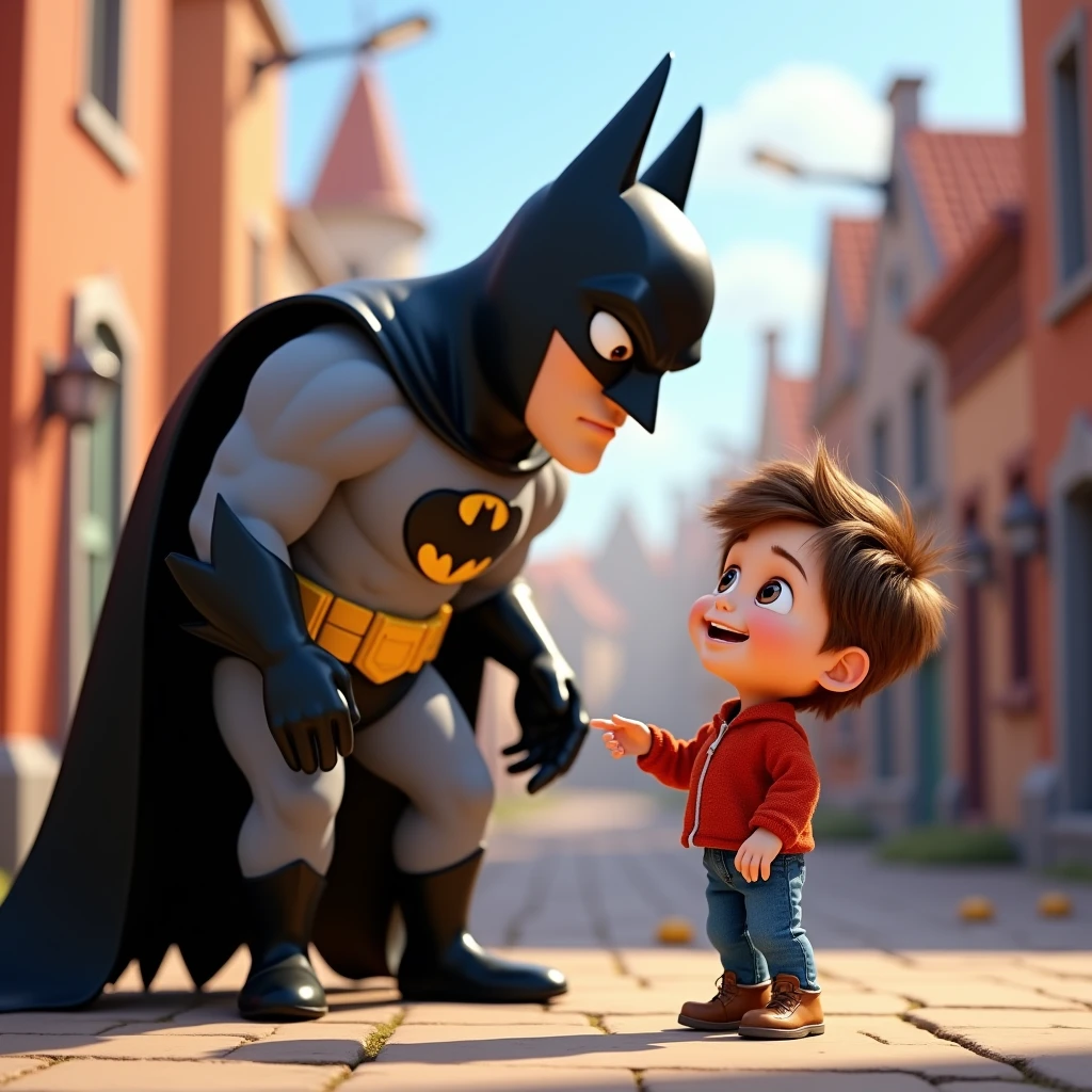 Image type: Pixar cartoon of a  boy, short brown hair, big cage eyes, Expression of a happy and friendly child. The boy looks at Batman who is already bigger than him 