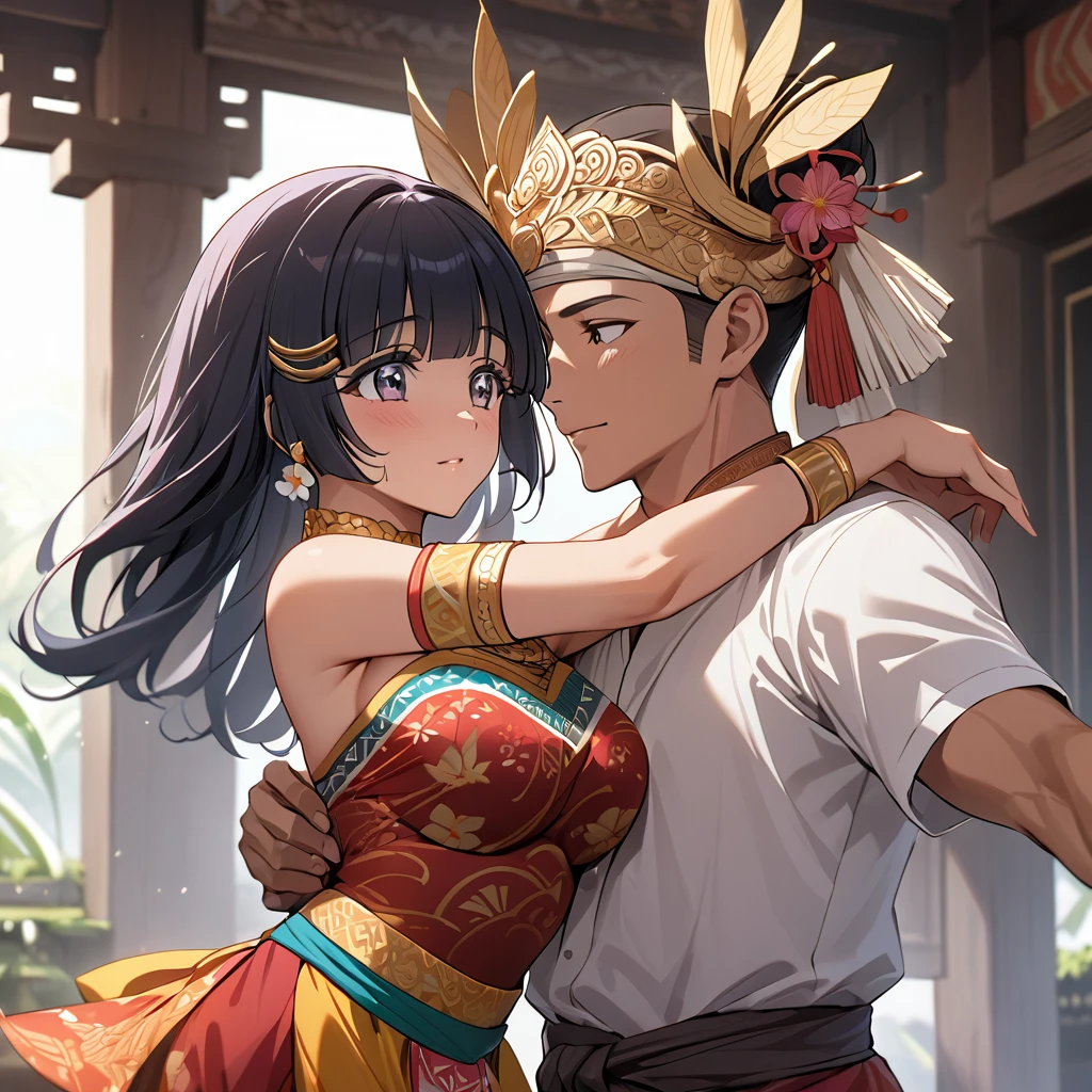 ((Highest quality)), ((masterpiece)), (detailed), (Perfect Face)、The woman is Aoki Reika, a brown-skinned Indonesian with semi-long hair.、A woman is wearing a Balinese dance costume and dancing a Balinese dance in Bali, Indonesia, and is being hugged by a man.