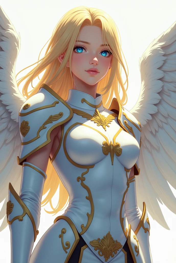 Anime style girl, Golden hair, blue eyes, White wings, wearing white armor using a pegasus emblem 