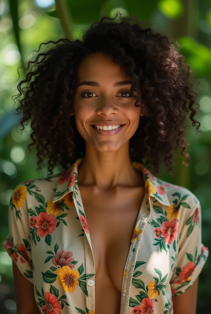 A Brazilian woman in a lush tropical garden, wearing an open shirt with a floral print, with a close-up capturing the harmonious beauty between her breasts and the natural flowers, showing off your natural charm and outgoing personality.