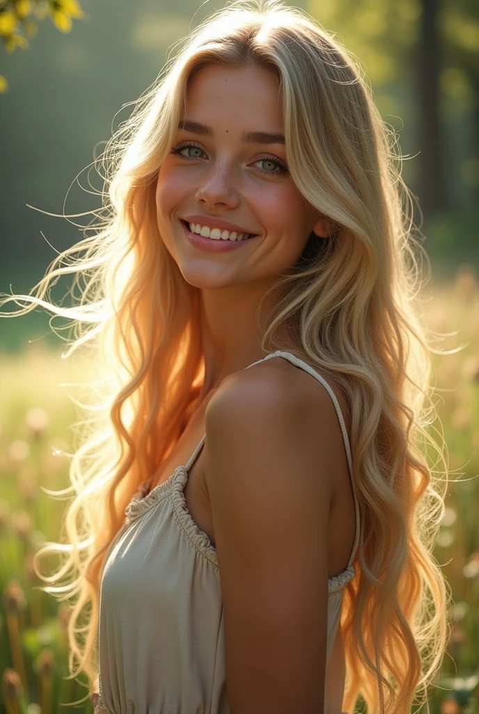 Generate a high-quality image of a beautiful young blonde woman with long, wavy hair, soft features, and a radiant smile. She is wearing a casual outfit in a natural outdoor setting with soft lighting that highlights her features.