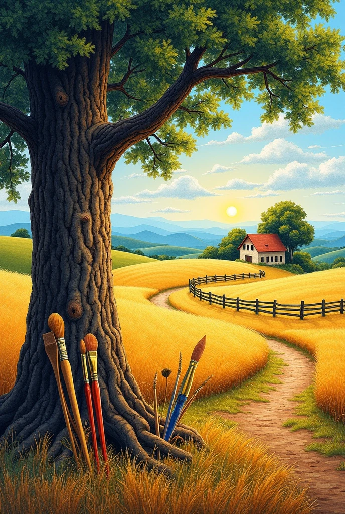 Pointillism drawing of a countryside landscape, with some tools leaning against a trunk, a wheat field, a house in the background and a road with an old fence