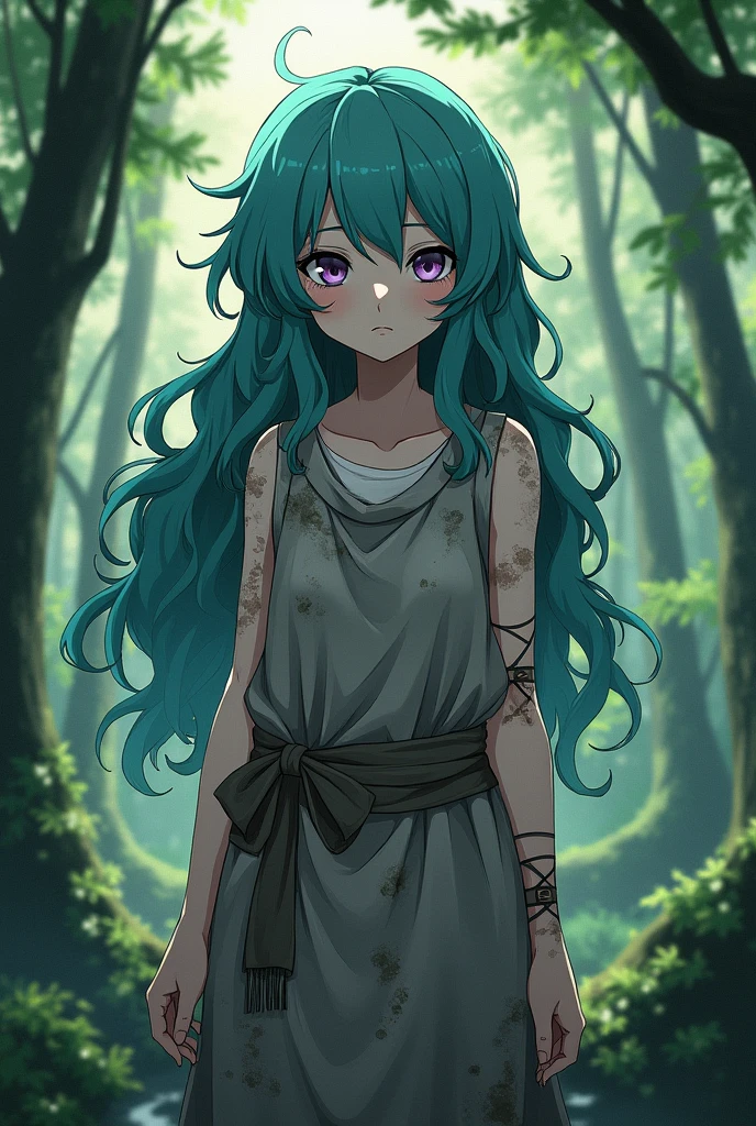  Anime style servant in grey rags looks like a sack and turquoise long curly hair violet eyes pale skin soot smeared all over her body scars on her arms standing in the forest