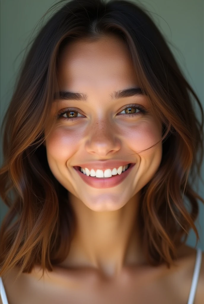 Natural smiling girl with natural medium brown hair , Her snow-white skin color and her half-strawberry-colored lips , in a first person shot but distanced like 50%
 Let her be Latin from Latin America from Ecuador 