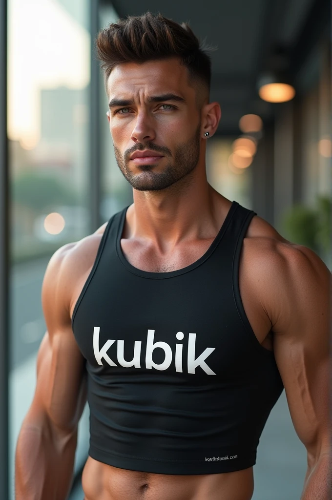 create a man in crop top which has “Kubik” writen on it