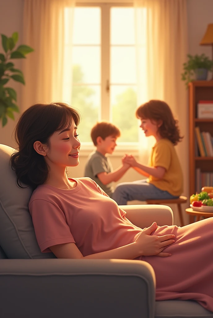 A mother relaxing on the couch with a smile on her face, while a healthy lunch box is ready next door. The environment transmits tranquility and relief, with the children playing happily in the background. The scene is lit up, with soft colors and a cozy atmosphere that reflects calm and satisfaction.