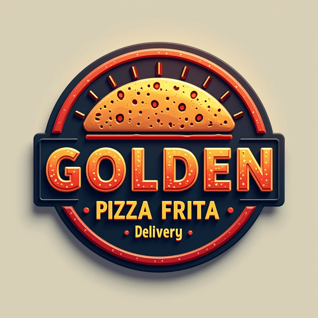 Create a logo image for a restaurant called “Golden” that will be highlighted, with the text “pizza frita” semi-highlighted and “delivery” below. Use bold, industrial-style fonts for the business name “Golden” to convey strength and durability. Include a color palette that reflects a delivery restaurant, with metallic hues like red and orange accented by a vibrant, contrasting color like black or blue to represent intensity of flavor. The design should be clean, modern, and professional, suitable for branding on various materials, such as business cards, signage, and company vehicles., 3D rendering. the background should be neutral