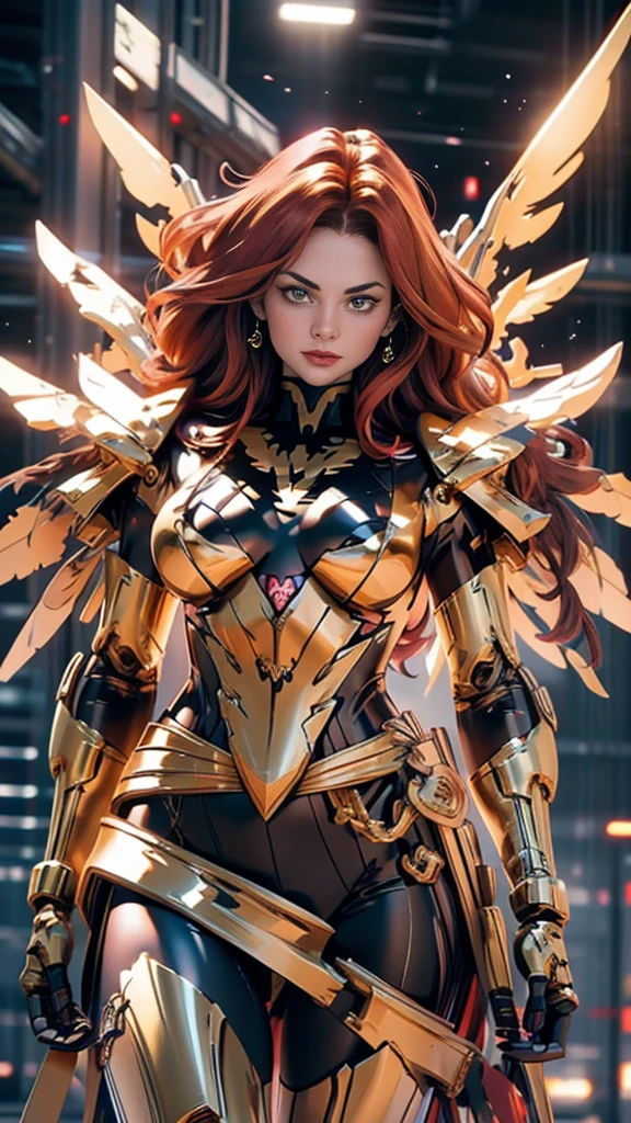 A beautiful detailed portrait of Jean Grey from X-men as a Gundam mecha, extremely detailed eyes and face, long eyelashes, intricate mecha design, wings, futuristic tech, seamless integration of organic and mechanical elements, cinematic lighting, dynamic pose, (wide angle:1.27), (full length portrait:1.37), vibrant colors, 8k, photorealistic, concept art style, sharp focus, clean lines