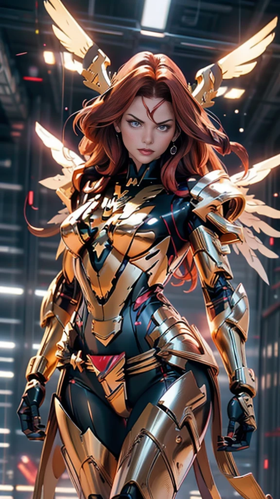 A beautiful detailed portrait of Jean Grey from X-men as a Gundam mecha, extremely detailed eyes and face, long eyelashes, intricate mecha design, wings, futuristic tech, seamless integration of organic and mechanical elements, cinematic lighting, dynamic pose, (wide angle:1.27), (full length portrait:1.37), vibrant colors, 8k, photorealistic, concept art style, sharp focus, clean lines 