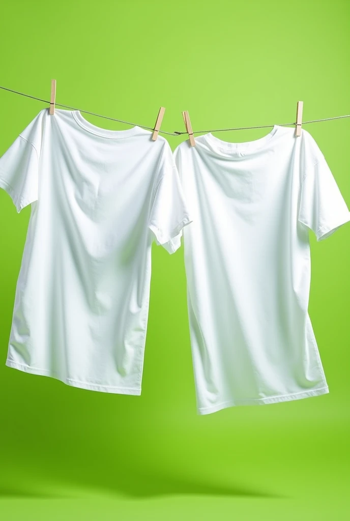 Create a realistic image of two oversized white cotton t-shirts (220 grams, fine fabric) hanging on a clothesline, as if captured by an iPhone 15 Pro camera. The t-shirts should be caught in an exaggerated wind effect, giving the impression that they are almost flying, with dynamic, sweeping folds and ripples in the fabric. The movement should be distinct, showing one t-shirt from the back and the other from the front, highlighting the contrast between the two perspectives. The background should be a bright, neon green (fluorescent green) color, providing a bold and vibrant contrast to the white t-shirts. The lighting should be bright and natural, emphasizing the texture and movement of the high-quality, oversized fabric.