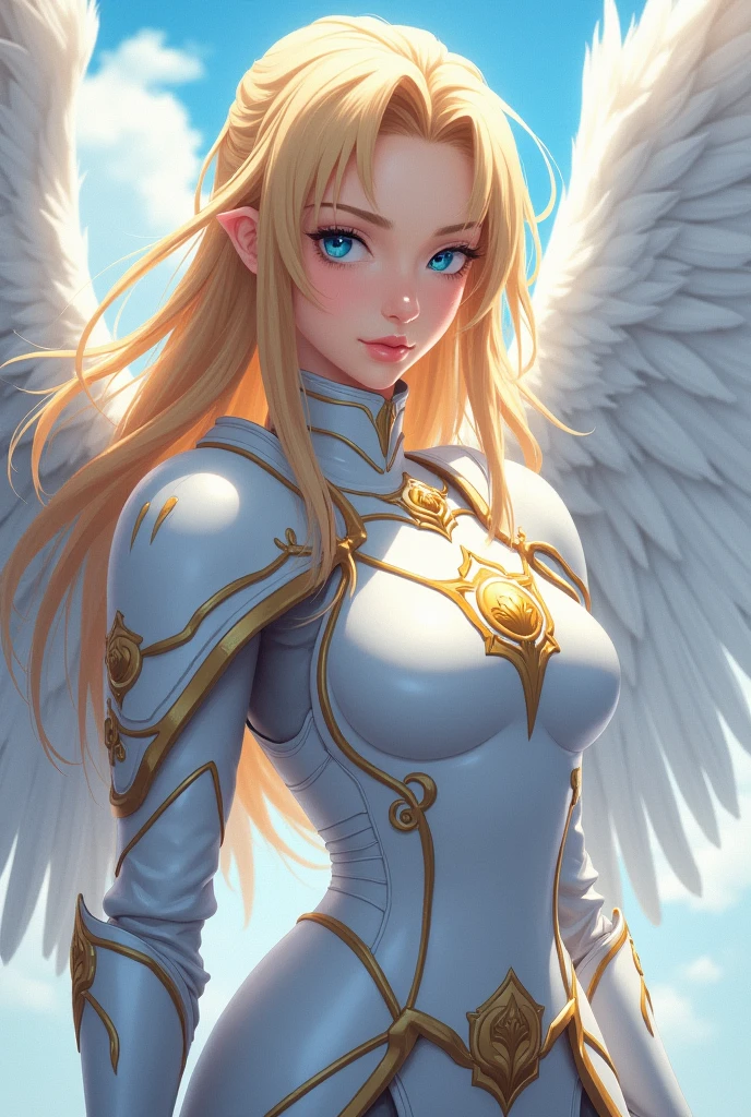 Anime style girl, Golden hair, blue eyes, White wings, wearing white armor using a pegasus emblem