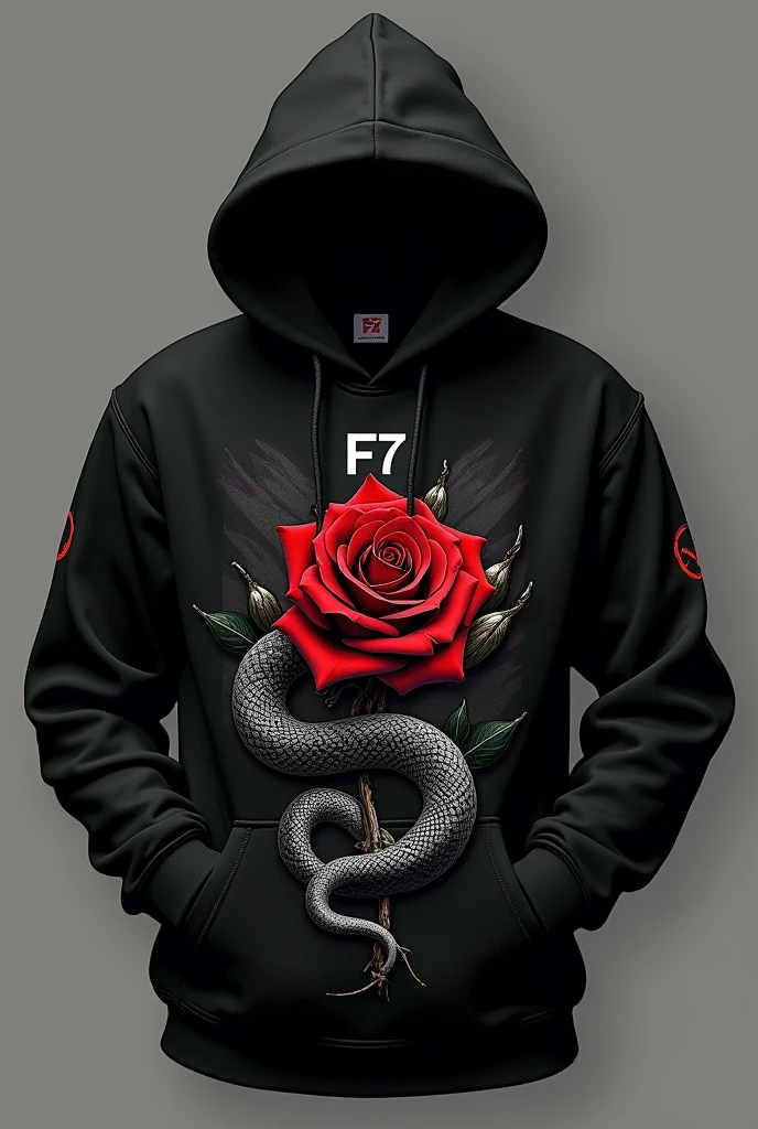 Create a hoodie sweater with f7 brand with a rose with snake a creative way
