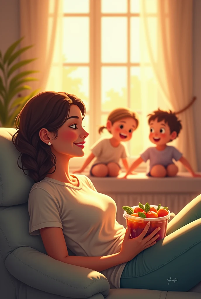 A mother relaxing on the couch with a smile on her face, while a healthy lunch box is ready next door. The environment transmits tranquility and relief, with the children playing happily in the background. The scene is lit up, with soft colors and a cozy atmosphere that reflects calm and satisfaction.