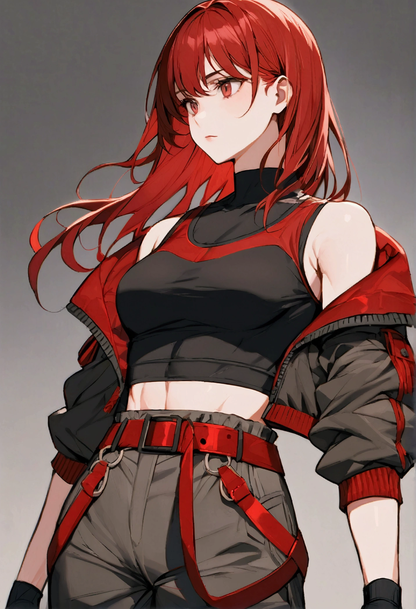 Young tall woman, short red hair, medium breast, athletic build,A sleeveless cropped black tank top ,cropped lightweight bomber jacket in dark gray with red accents,High-waisted dark cargo pants, red belt,Black leather fingerless gloves