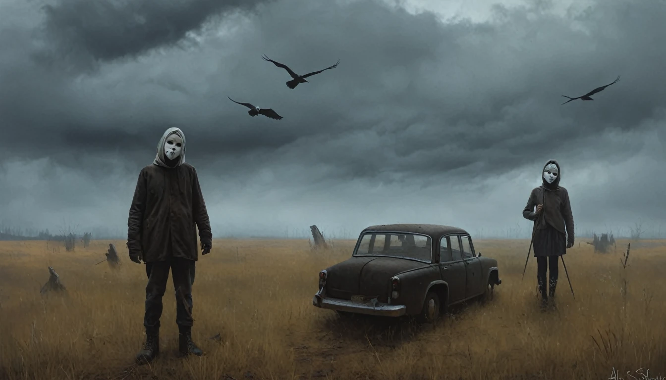 undead girl in ragged clothes wearing a white macabre mask(ominous vibes), obscured by sinister woods, moody and atmospheric art, disturbing art, truly terrifying, cerebral horror, grim saga, darkly surreal art by simon Stålenhag, Denis sarazhin, ominous sky, Alex colville, Simon Goinard, Wayne Barlowe, Richard Powers, Chris Foss, unnerving, misty, suspenseful and gripping art