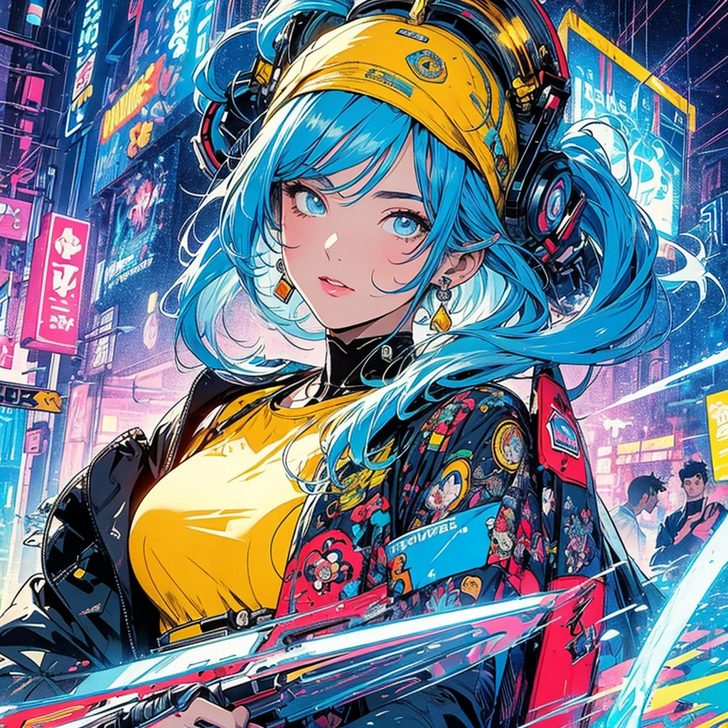 (masterpiece, highest quality), 32K,(highly detailed beautiful woman), poster,SF,1960s,1970s,bauhaus, shape, abstract,movie poster, vintage,retro,futuristic anime,ultimate map,highlight,highly detailed glowing eyes,cleavage,complicated pattern,Stylish hairstyle,fluorescence((yellow clothes)),Starry Sky,Cyberpunk street fashion,