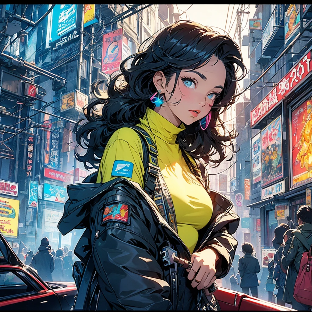 (masterpiece, highest quality), 32K,(highly detailed beautiful woman), poster,SF,1960s,1970s,bauhaus, shape, abstract,movie poster, vintage,retro,futuristic anime,ultimate map,highlight,highly detailed glowing eyes,cleavage,complicated pattern,Stylish hairstyle,fluorescence((yellow clothes)),Starry Sky,Cyberpunk street fashion,
