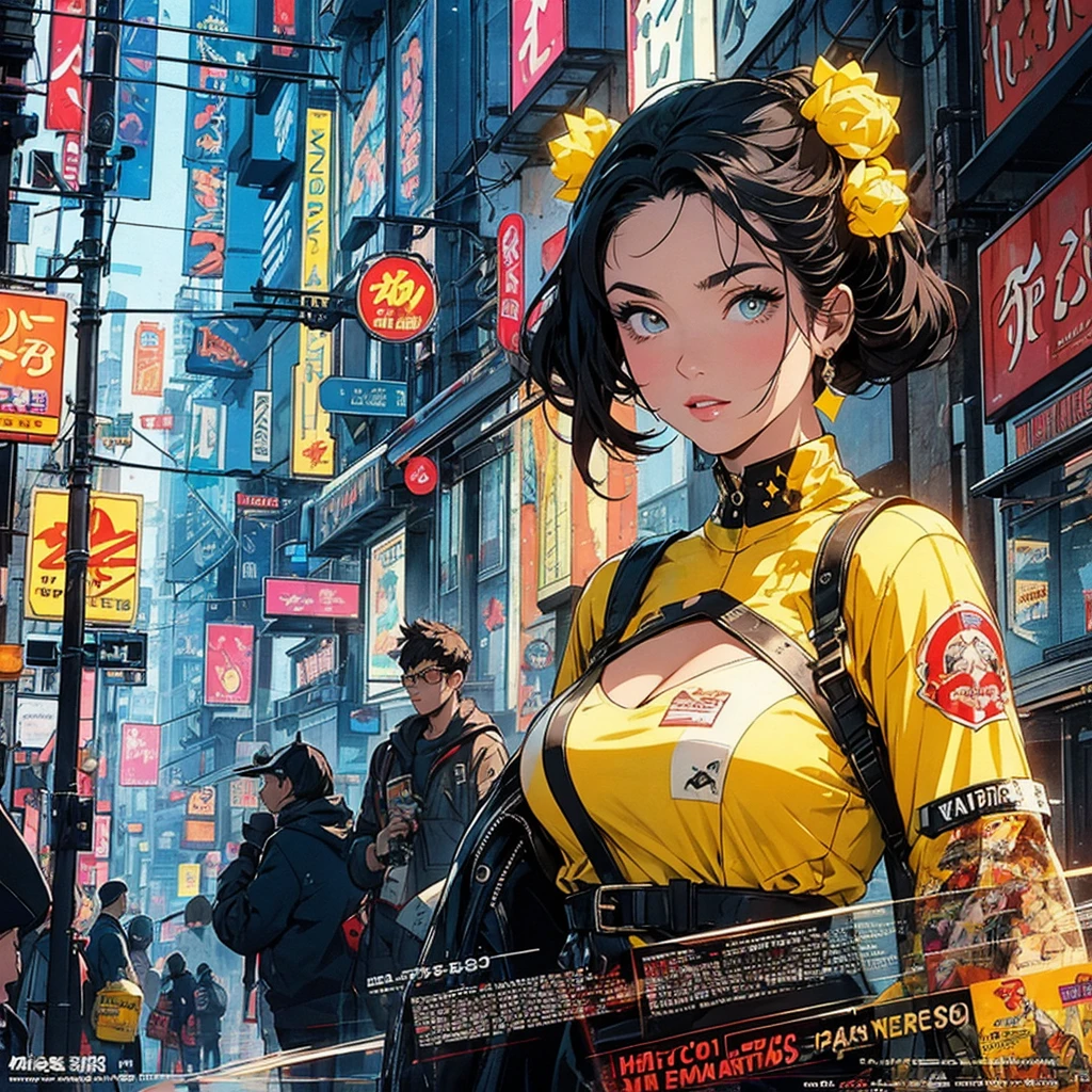 (masterpiece, highest quality), 32K,(highly detailed beautiful woman), poster,SF,1960s,1970s,bauhaus, shape, abstract,movie poster, vintage,retro,futuristic anime,ultimate map,highlight,highly detailed glowing eyes,cleavage,complicated pattern,Stylish hairstyle,fluorescence((yellow clothes)),Starry Sky,Cyberpunk street fashion,