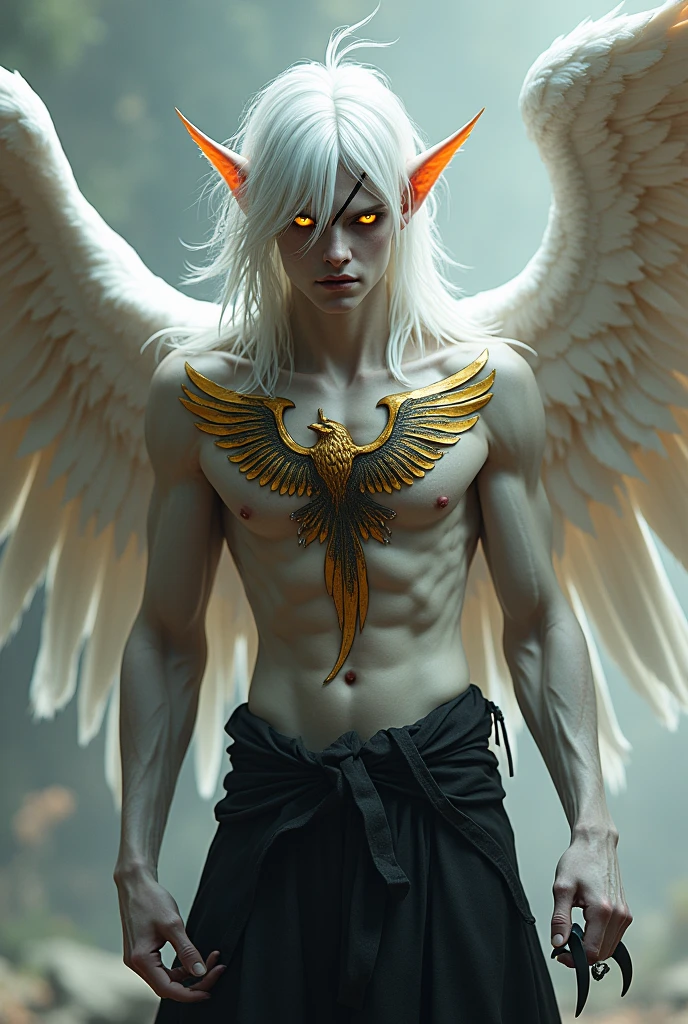 Half-man phoenix, medium white hair, yellow eyes, scar on left eye, white feathers, thin body with little muscle, white wings, menacing face, yellow pupils, golden bird tattoo with black details on chest, Claws in hand, black pants, 8k quality.