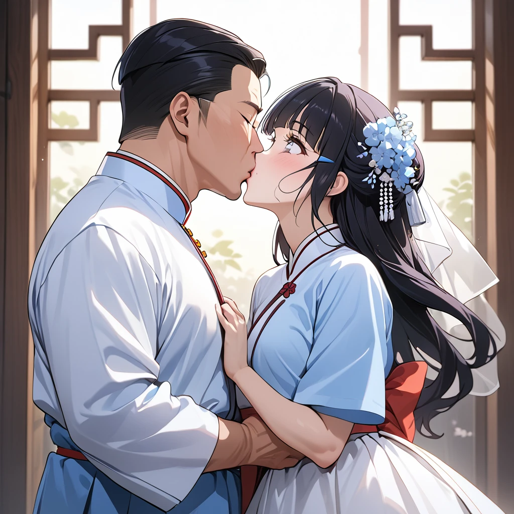 ((Highest quality)), ((masterpiece)), (detailed), （Perfect Face）、The woman is Reika Aoki with semi-long hair、The woman is wearing a North Korean traditional traditional dress and is holding a kiss and vows with a middle-aged North Korean man to get married.
